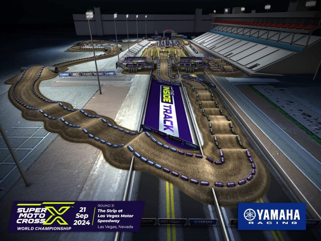 The SuperMotocross World Championship track map illustrating the Inside Track VIP Platforms set behind the dual-start gate and exclusive inside track viewing area. 