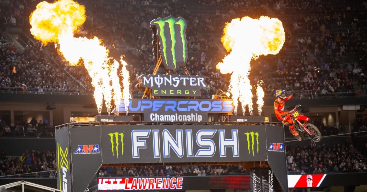 Photo of Jett Lawrence winning a Monster Energy Supercross race