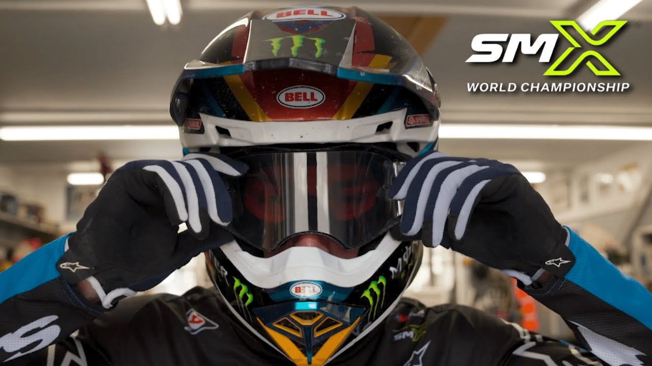 Close up of an SMX rider's helmet with SMX logo