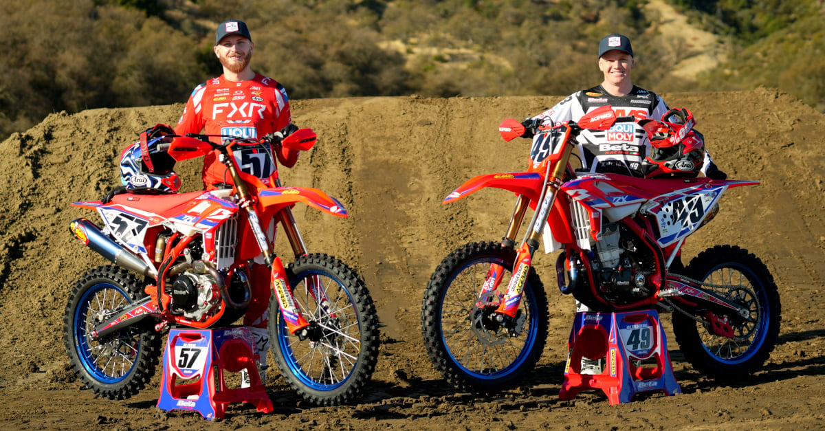 Benny Bloss and Mitchell Oldenburg pose with their Beta Motorcycles