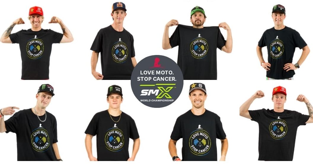 Graphic with various riders wearing #LoveMotoStopCancer shirts