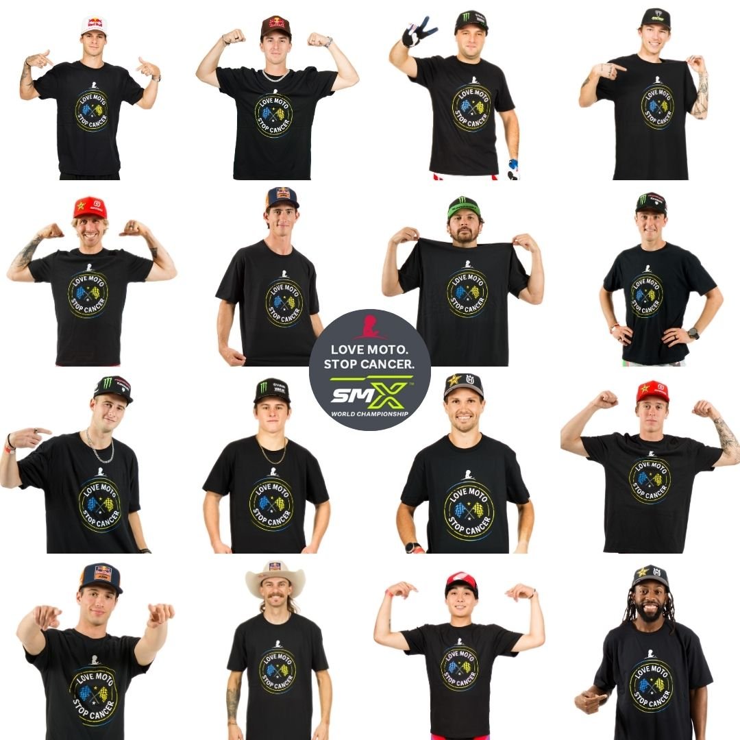 Graphic with Jett Lawrence, Chase Sexton, Hunter Lawrence, Cooper Webb, Aaron Plessinger, Jason Anderson, Justin Barcia, Malcolm Stewart, Haiden Deegan, Jo Shimoda, Tom Vialle, RJ Hampshire, Levi Kitchen, Cameron McAdoo, Austin Forkner, Ryder DiFranseco all wearing St. Jude shirts