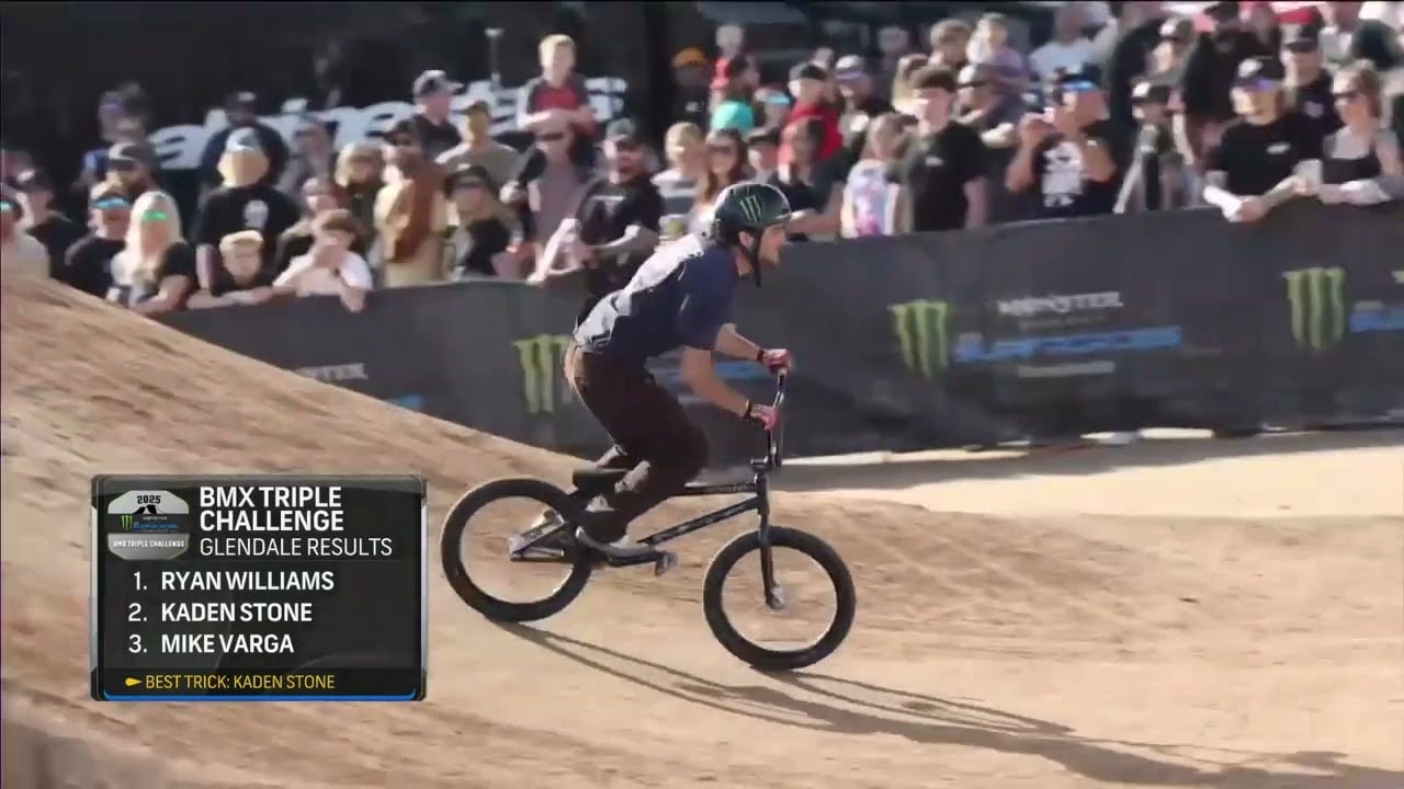 Screengrab of a BMX Triple Challenge rider with results box showing Ryan Williams as the winner and Kaden Stone with best trick honors