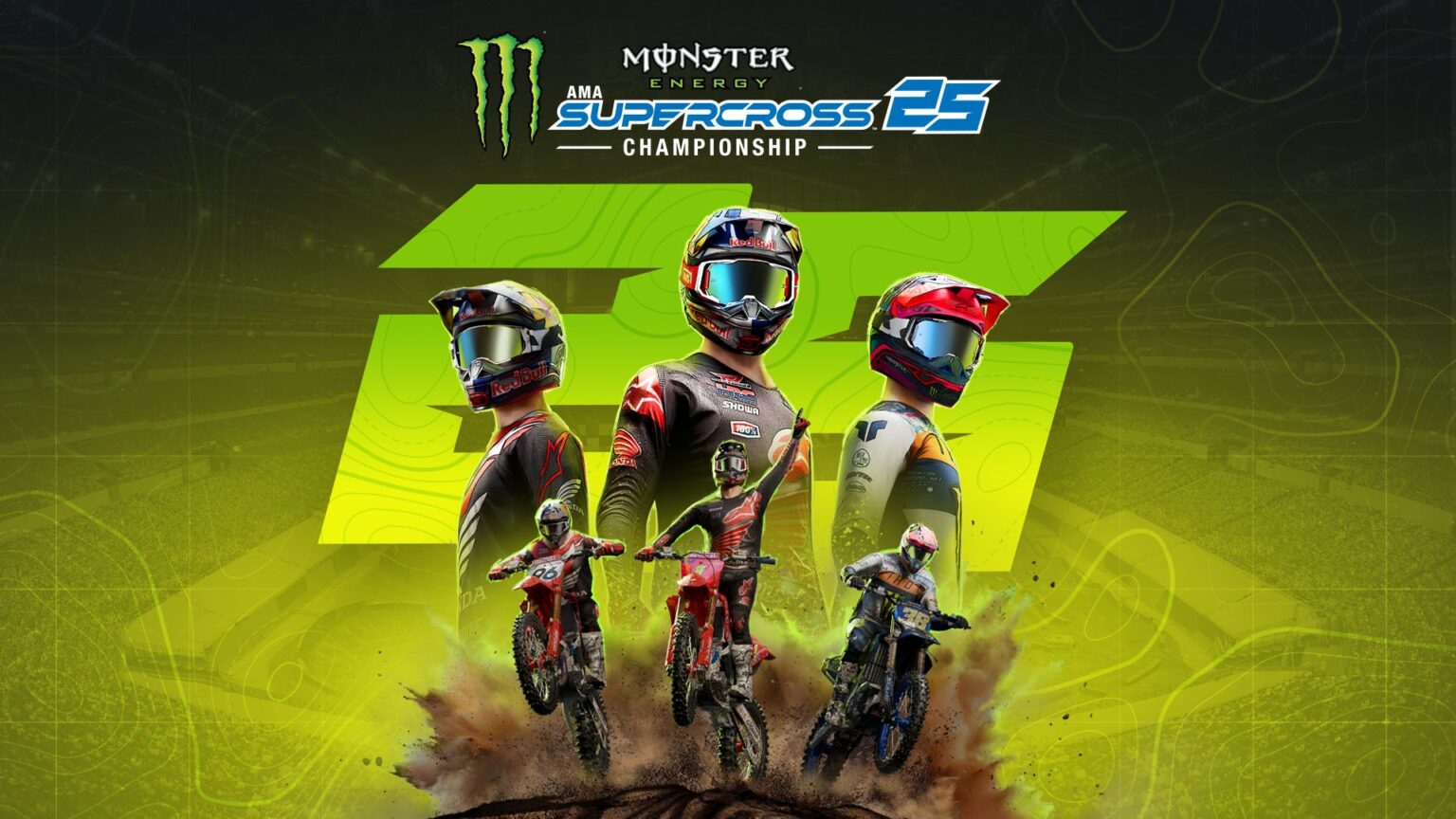 Promotional image for the Monster Energy AMA Supercross 2025 Championship game with images of Hunter Lawrence, Jett Lawrence and Haiden Deegan