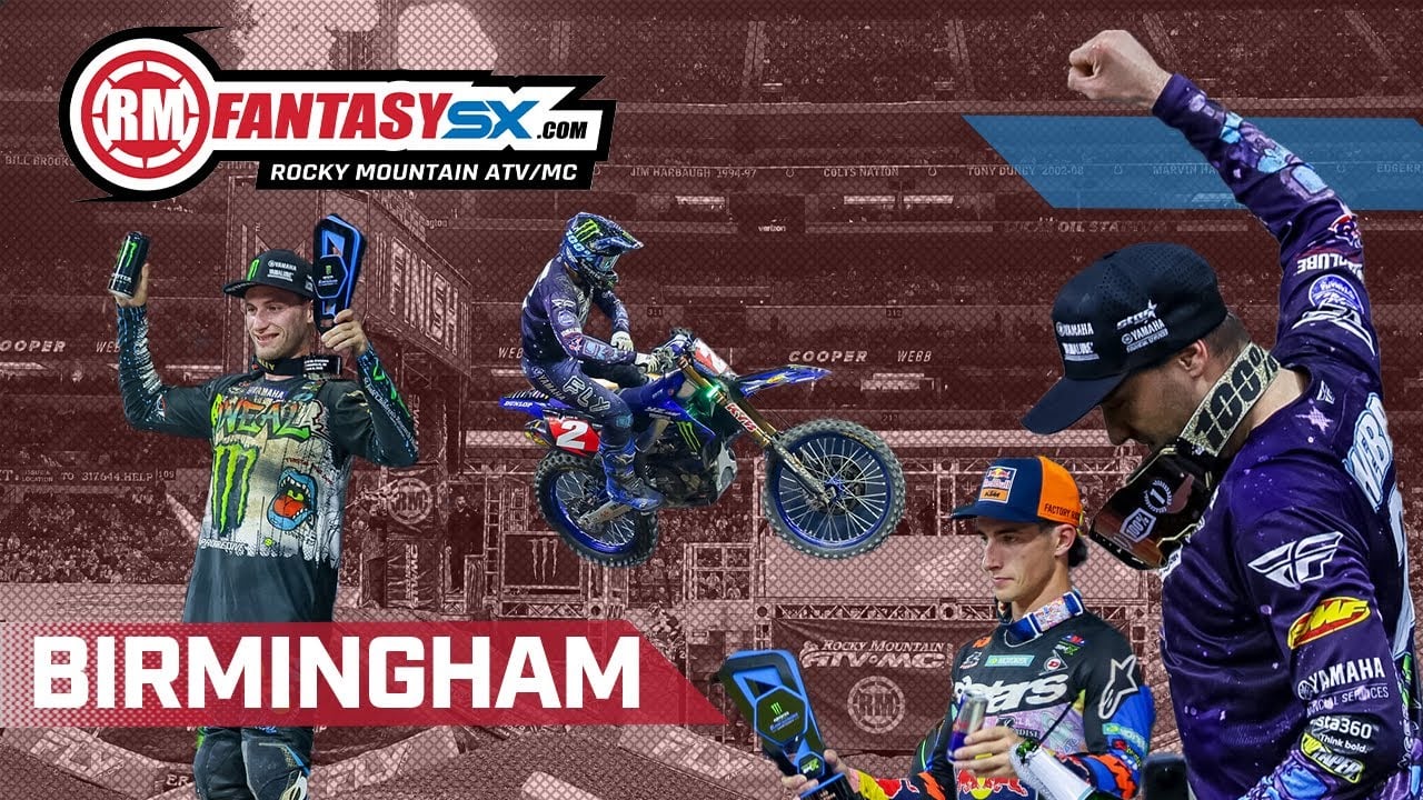 Graphic with various Monster Energy Supercross racing action images and caption - RM Fantasy SX.com - Birmingham